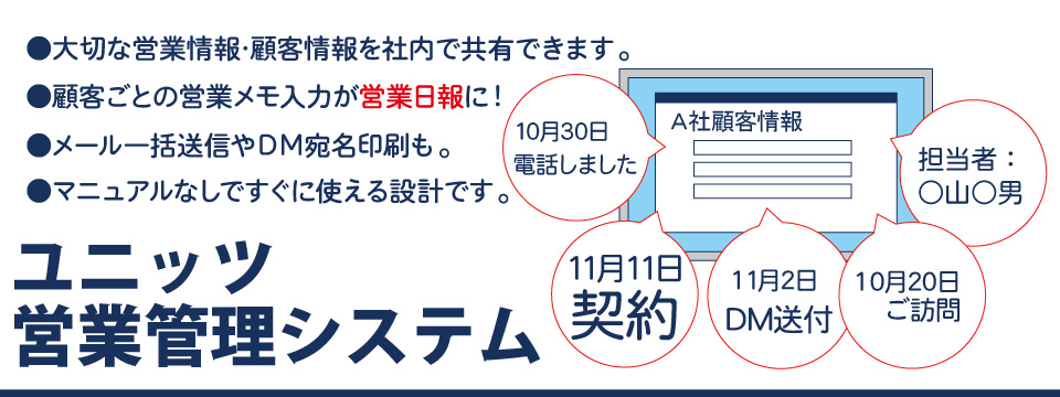 UNITS営業管理システム(営業管理ソフト)顧客ごとに営業情報を入力するととても合理的になりました UNITS営業管理システム(営業管理ソフト)顧客ごとに営業情報を入力するととても合理的になりました